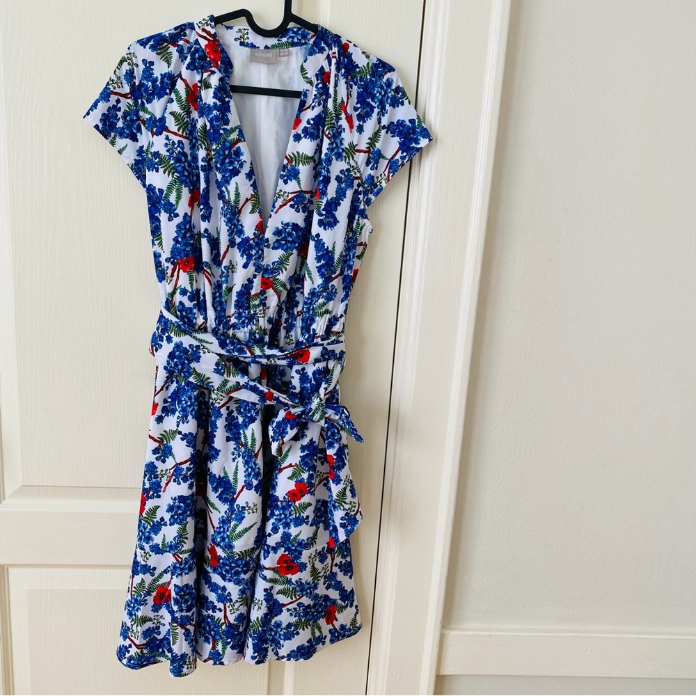 NWOT eShakti Floral Print V-neck Fit-and-flare Ruffle Tiered Midi Dress Size 10